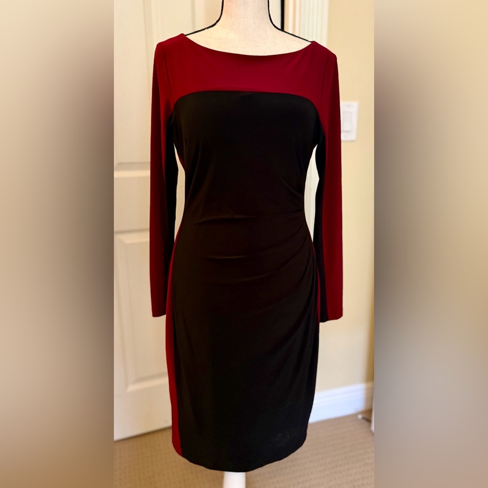 NWOT Lauren Ralph Lauren Navy Dress with Burgundy Sleeves, Sz 6